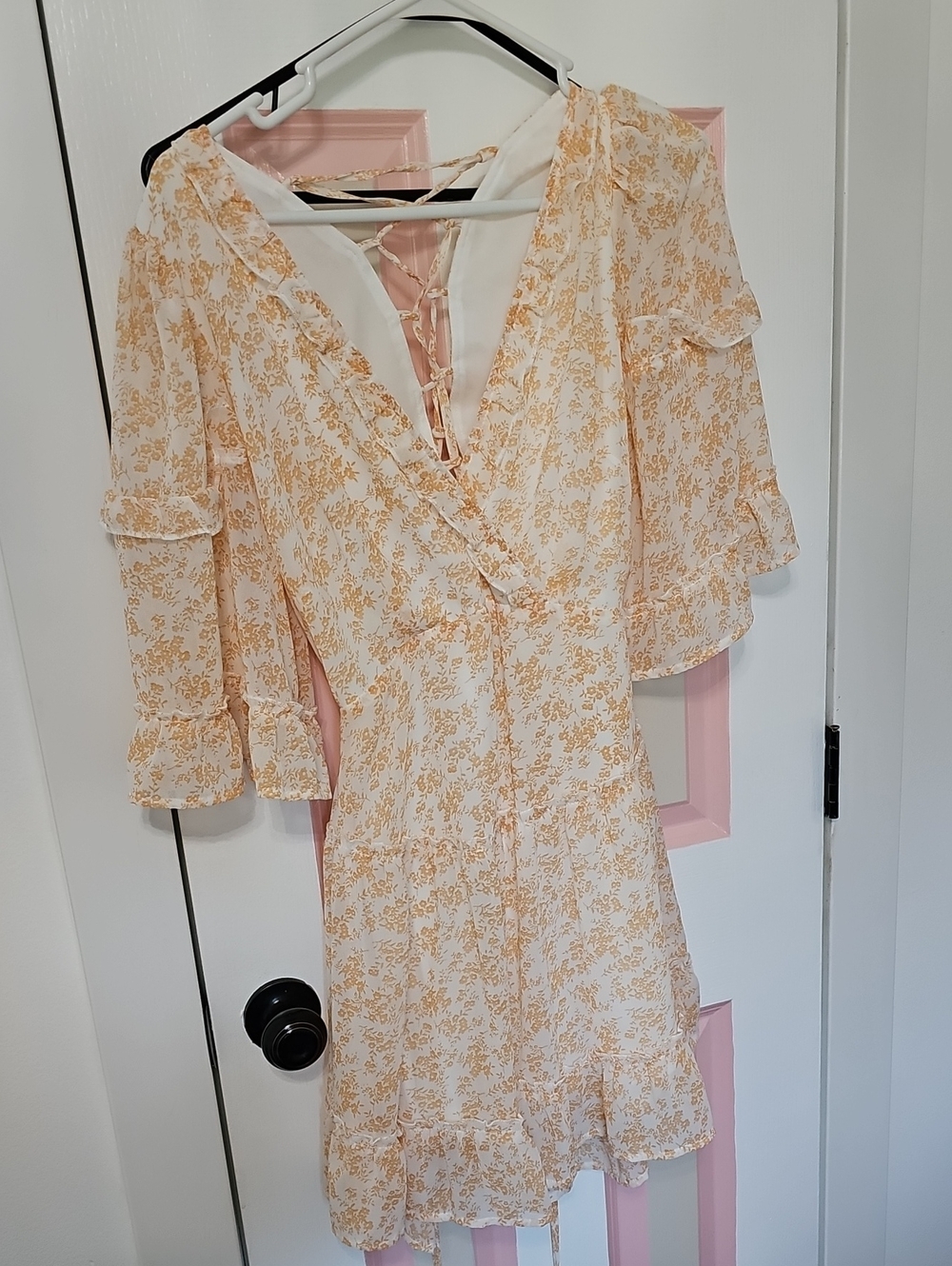 Albany Lace Up Back Frill Mustard Floral Wrap Dress